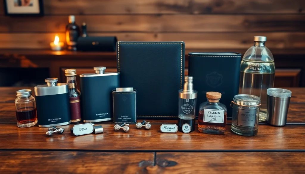 Showcase an array of cheap groomsmen gifts including personalized flasks and accessories displayed beautifully.