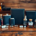 Showcase an array of cheap groomsmen gifts including personalized flasks and accessories displayed beautifully.