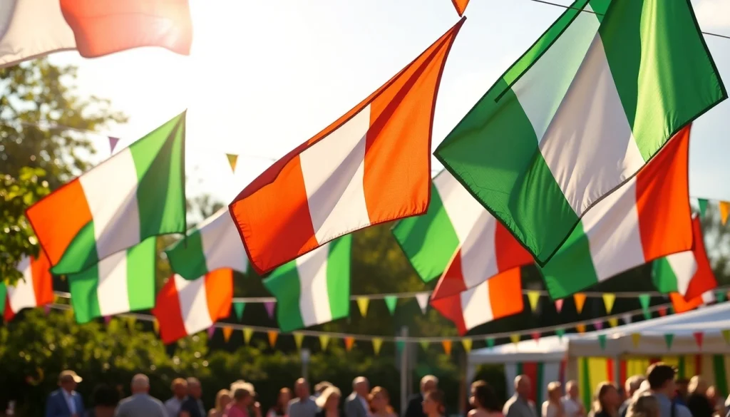 Display custom flags Ireland at a vibrant outdoor event with colorful designs and logos.