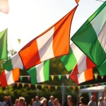 Display custom flags Ireland at a vibrant outdoor event with colorful designs and logos.