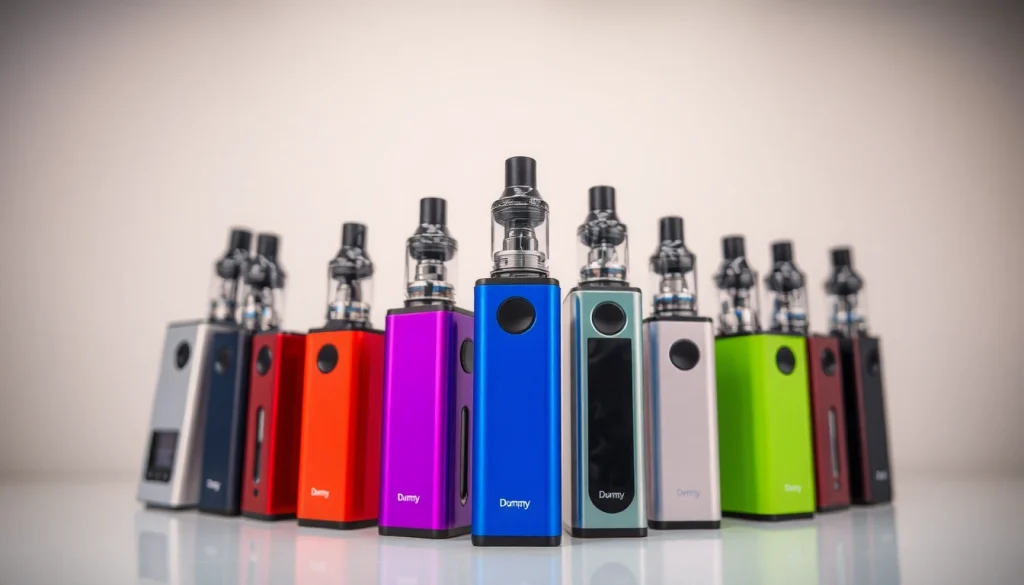 Showcase vibrant Dummy Vapes flavors in a stylish arrangement with enticing lighting.