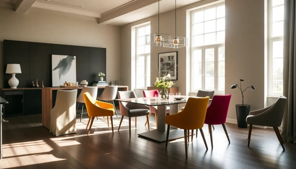 Stylish housses de chaises enhance the dining experience in this beautifully decorated room.