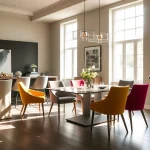 Stylish housses de chaises enhance the dining experience in this beautifully decorated room.