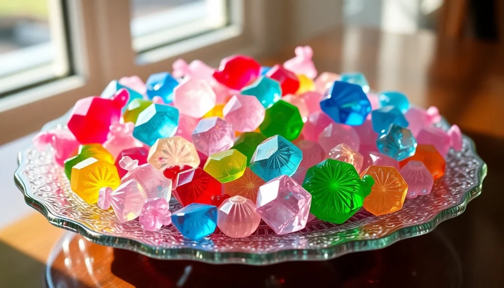 Indulge in the delicious crystal candy arranged artistically on a shimmering plate.