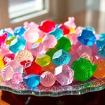 Indulge in the delicious crystal candy arranged artistically on a shimmering plate.