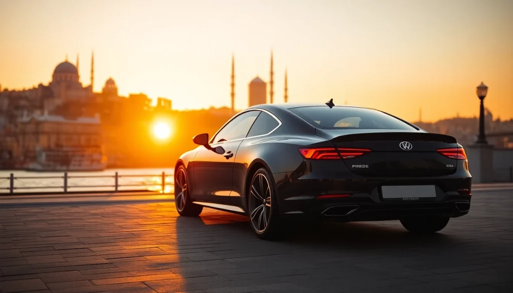 Book a cheap chauffeur service ISTANBUL with a sleek black car against the beautiful sunset skyline.