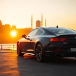 Book a cheap chauffeur service ISTANBUL with a sleek black car against the beautiful sunset skyline.