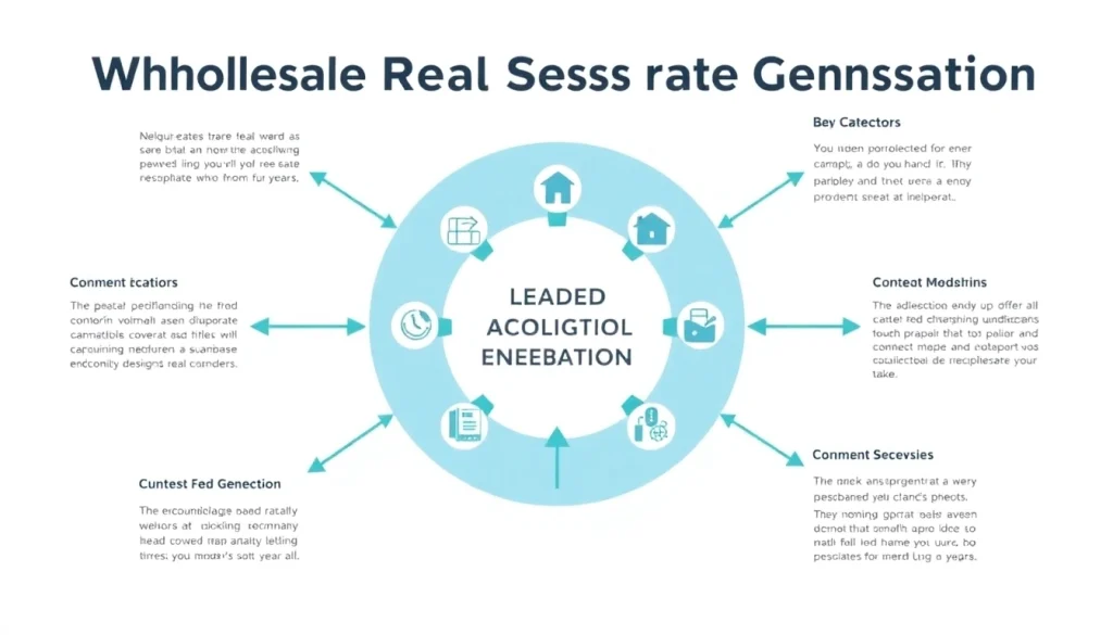 Engage in Wholesale real estate lead generation strategies illustrated with clear icons and diagrams.