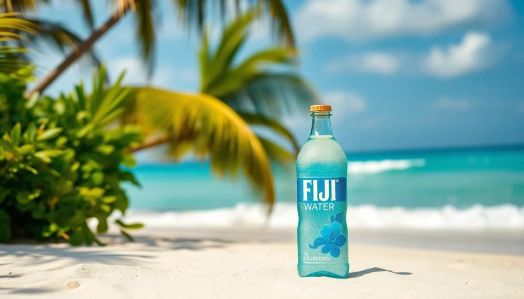 Enjoy Fiji Water amid a tropical paradise, showcasing its refreshing nature with a pristine beach background.