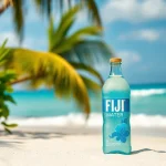 Enjoy Fiji Water amid a tropical paradise, showcasing its refreshing nature with a pristine beach background.