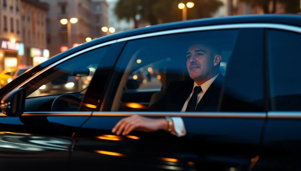 Luxury hire chauffeur Madrid, showcasing a professional chauffeur driving a premium black limousine through the city.