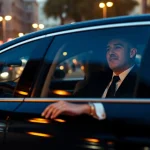 Luxury hire chauffeur Madrid, showcasing a professional chauffeur driving a premium black limousine through the city.