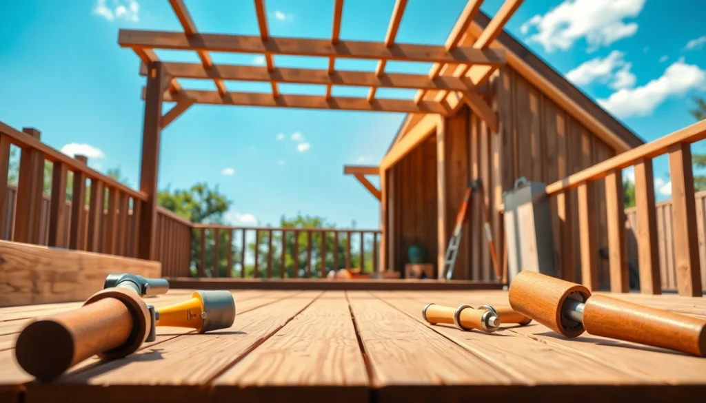 Visualize deck construction progressing, highlighting tools and wooden materials for a backyard project.