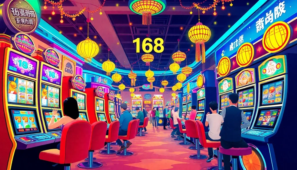 Experience the excitement of สล็อต168 with vibrant slot machines and engaged players in a bustling casino.