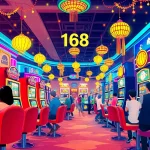 Experience the excitement of สล็อต168 with vibrant slot machines and engaged players in a bustling casino.