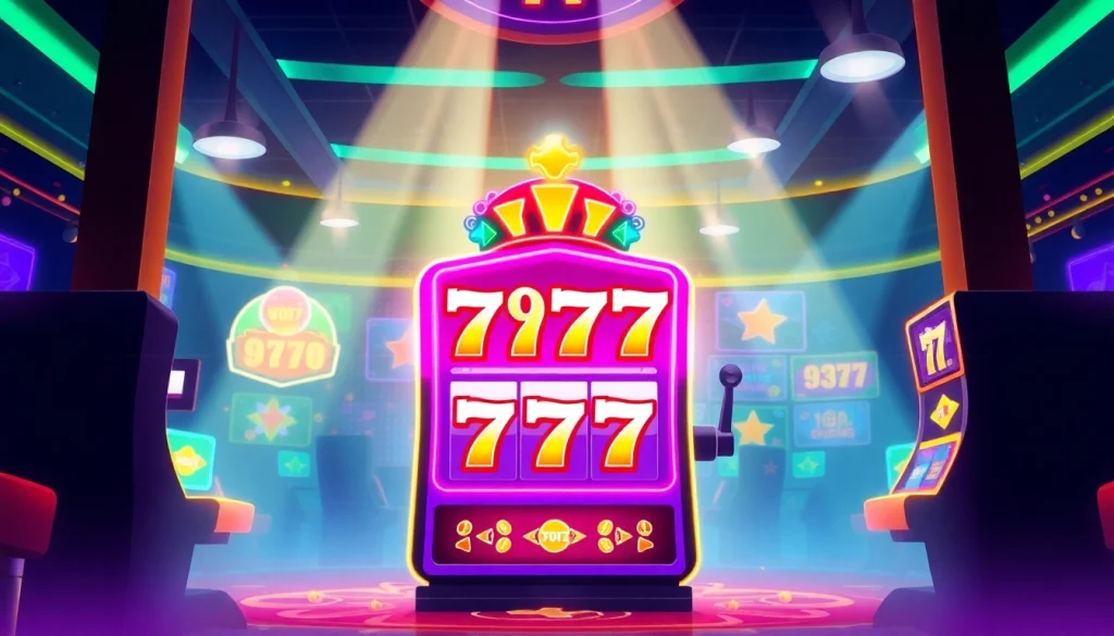 Experience the thrill of สล็อต777 with this colorful slot machine in a lively casino setting.