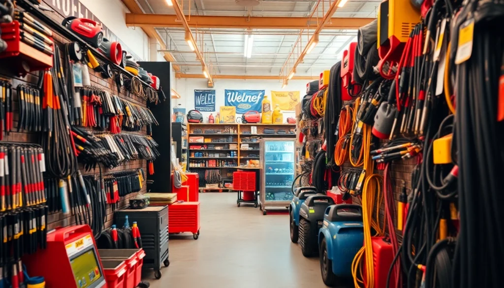 Browse essential welding supplies near me in a vibrant store filled with varied tools and equipment.