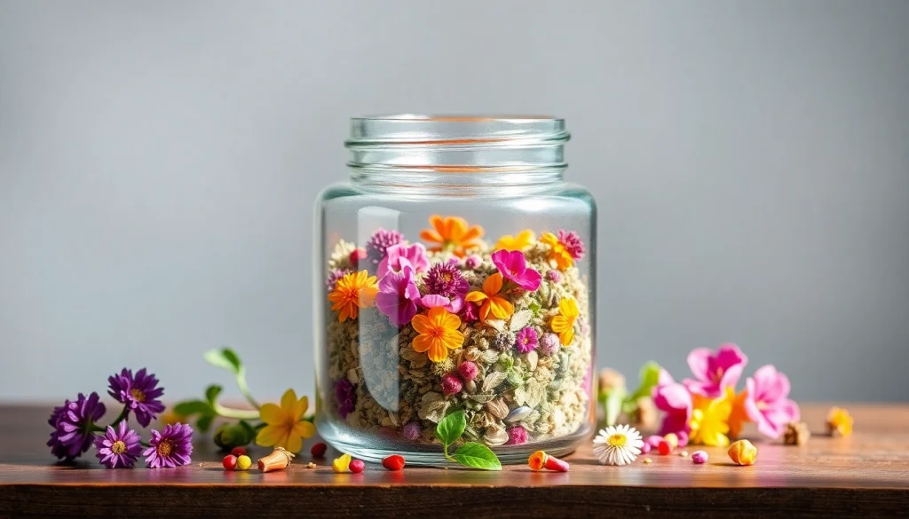 Showcase an alternative smoking blend with colorful herbs in a glass jar for a relaxing atmosphere.