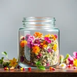 Showcase an alternative smoking blend with colorful herbs in a glass jar for a relaxing atmosphere.