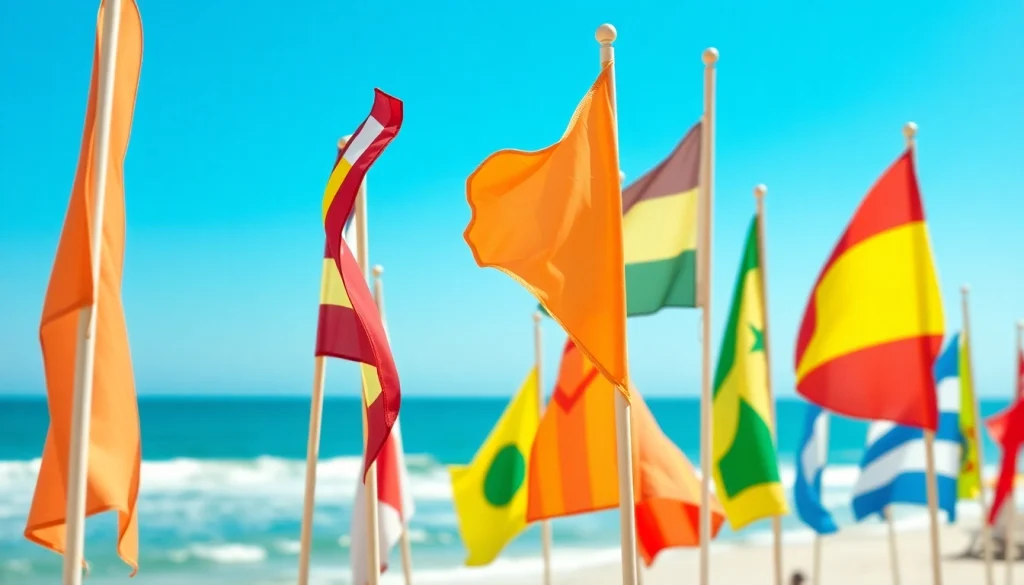 Beach flags signaling safety conditions on a sunny beach with colorful designs.