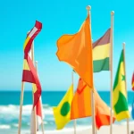 Beach flags signaling safety conditions on a sunny beach with colorful designs.