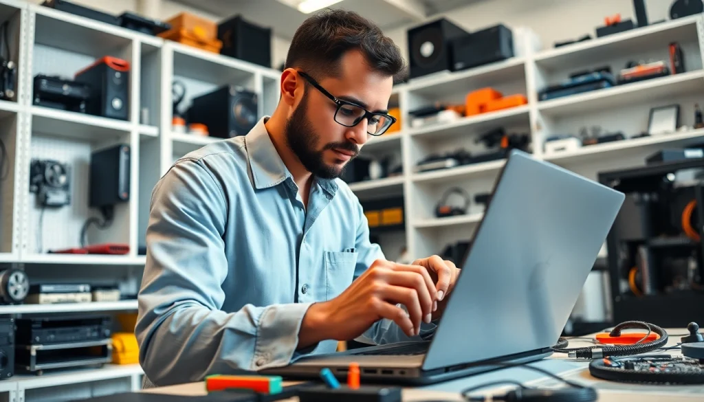 Riparazione computer settimo torinese con tecnico esperto che lavora in un laboratorio moderno.