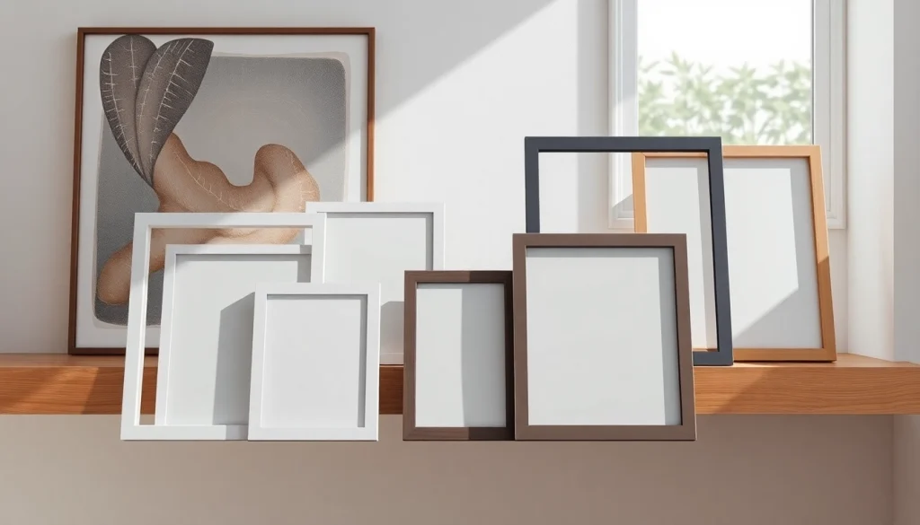 Showcase of modern design picture frames on a minimalist shelf, highlighting contemporary styles and textures.