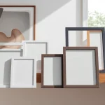 Showcase of modern design picture frames on a minimalist shelf, highlighting contemporary styles and textures.