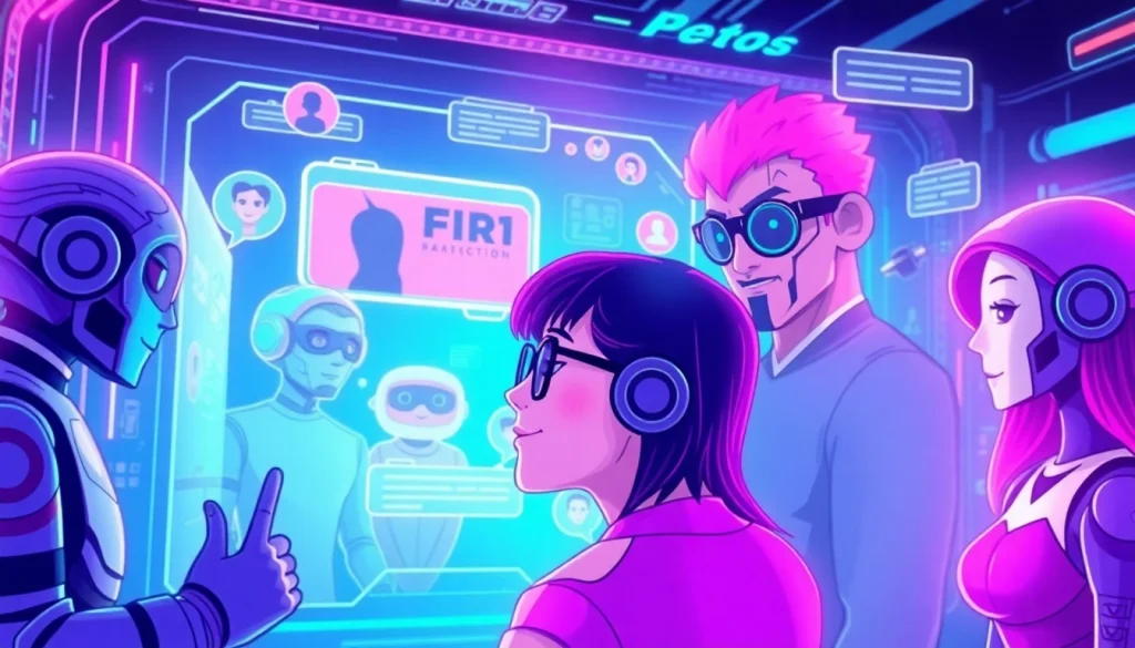 Engage with interactive AI characters on crush on.ai in a colorful digital landscape.