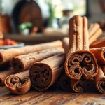 Slices of Cinnamon Bark showcasing texture and natural beauty on wooden surface.
