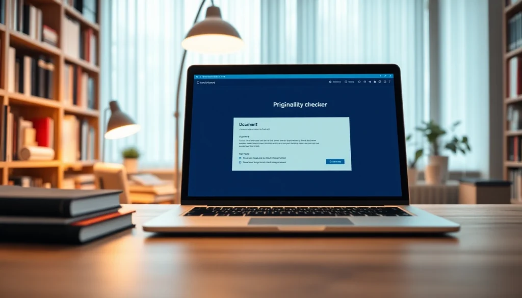 Check your documents' authenticity with an advanced plagiarism checker tool interface on a laptop.