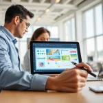 Showcasing AI design tools for businesses in a professional and creative workspace.