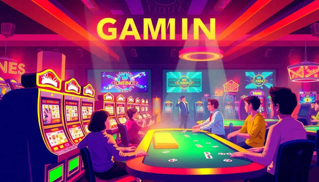 Engaging scene of online gaming at Petirzeus88 showcasing vibrant slot machines and casino fun.