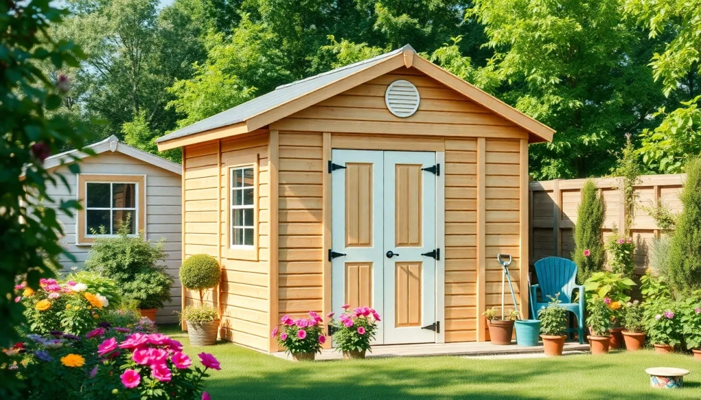 Build custom storage sheds with unique designs in a beautiful backyard setting for optimal storage solutions.