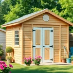 Build custom storage sheds with unique designs in a beautiful backyard setting for optimal storage solutions.
