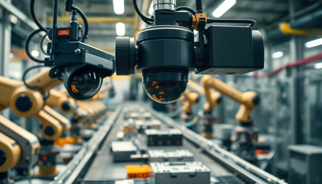 Machine vision system inspecting products on an assembly line with advanced cameras.