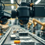 Machine vision system inspecting products on an assembly line with advanced cameras.