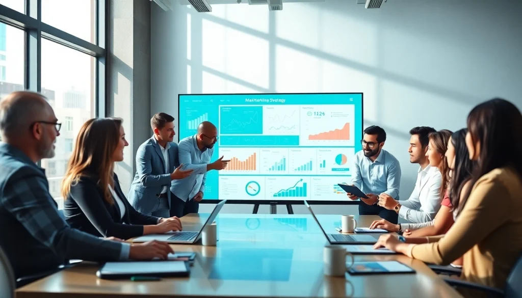 Terus chiến lược marketing số trong một văn phòng hiện đại với các chuyên gia làm việc cùng nhau.