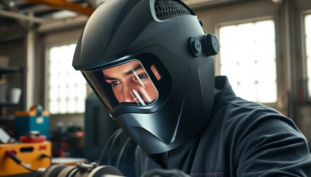 Welder using a speedglas welding helmet in a bright workshop, illustrating safety and performance.