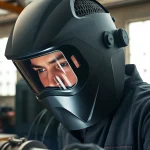 Welder using a speedglas welding helmet in a bright workshop, illustrating safety and performance.