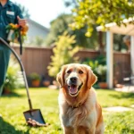 Efficient dog poop pickup service capturing a worker expertly cleaning a yard.
