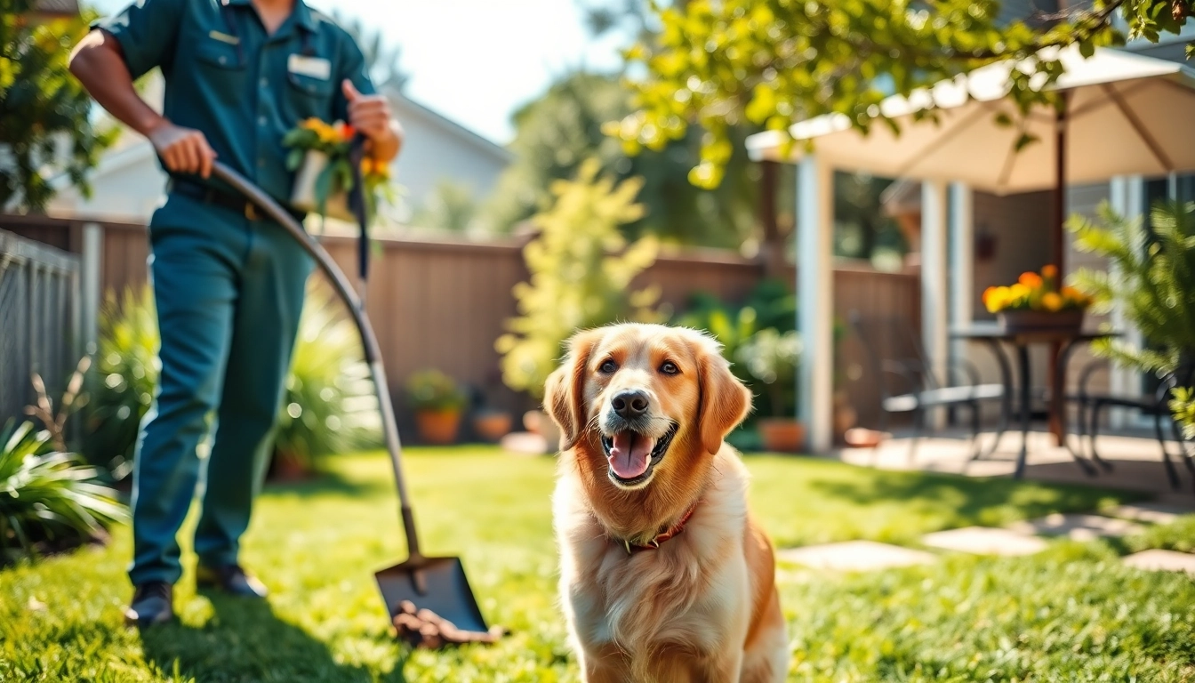 Efficient dog poop pickup service capturing a worker expertly cleaning a yard.
