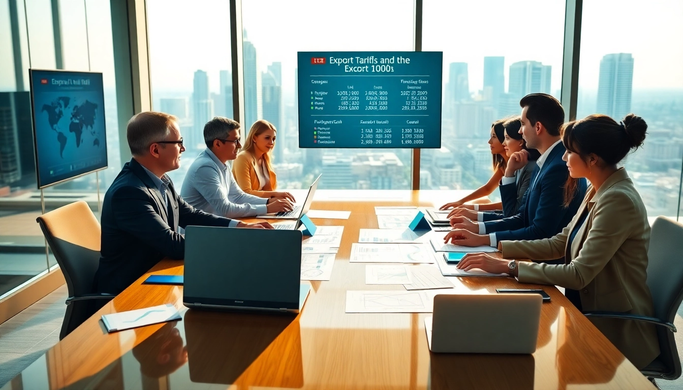 Analyzing export tariffs during a professional trade meeting in a modern conference room.