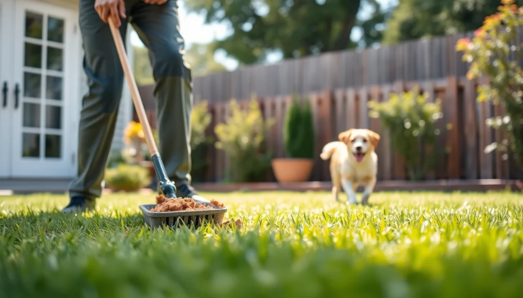 Weekly dog poop scooping service demonstrating professional waste removal in a backyard setting.