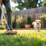 Weekly dog poop scooping service demonstrating professional waste removal in a backyard setting.