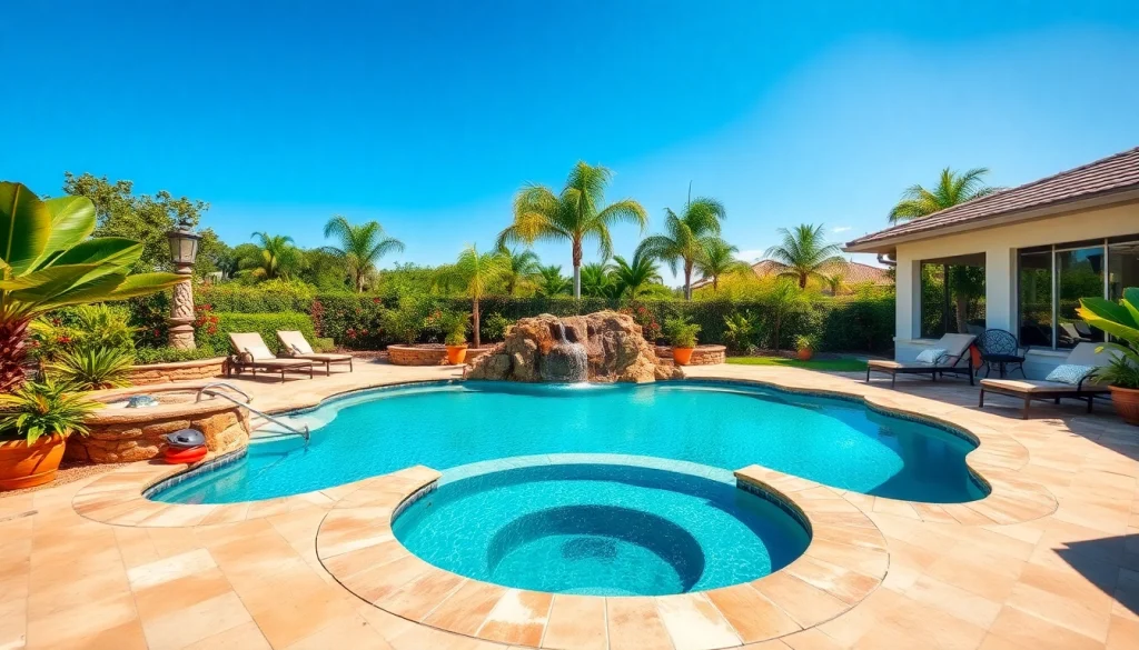 Build your own pool design featuring a custom backyard oasis with a waterfall and lounge area.