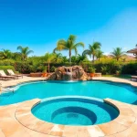 Build your own pool design featuring a custom backyard oasis with a waterfall and lounge area.