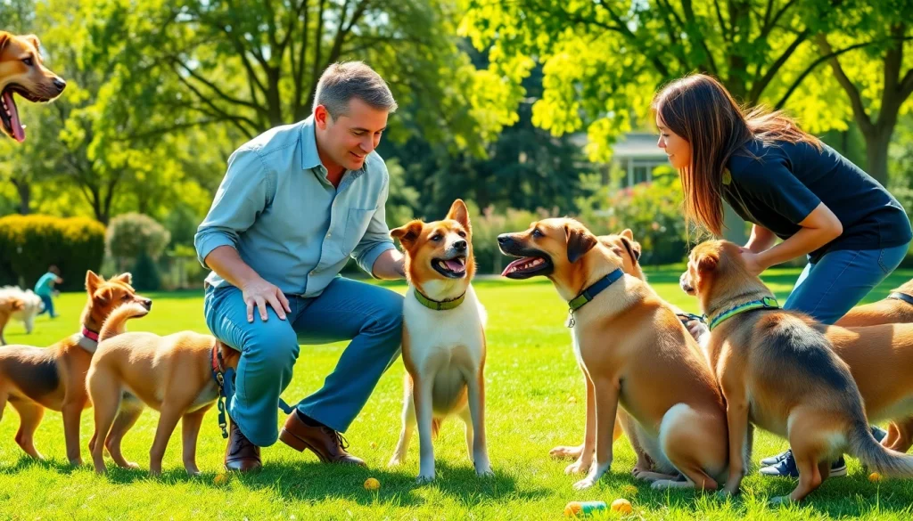 Engaging Dog Training Irvine session with a professional trainer and eager dogs in a sunny park.