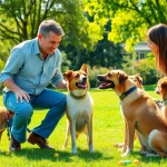 Engaging Dog Training Irvine session with a professional trainer and eager dogs in a sunny park.