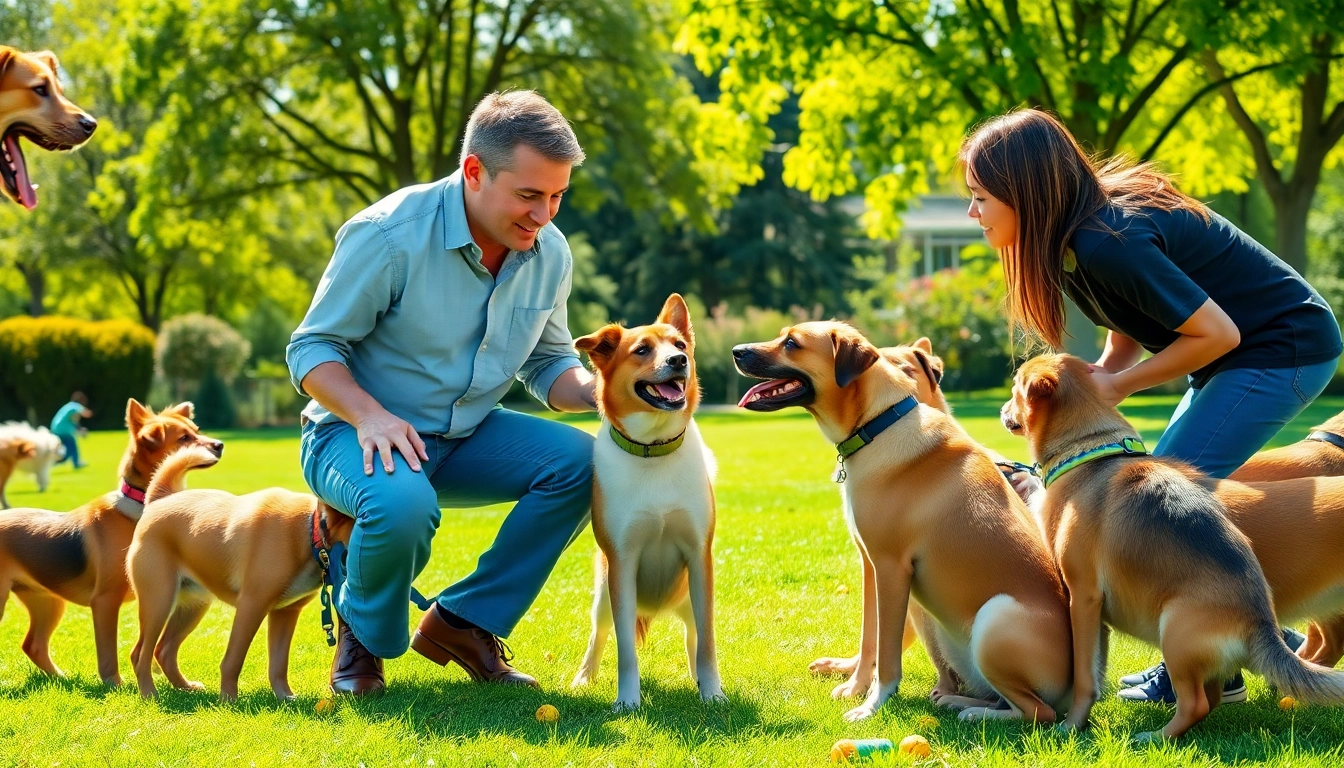 Engaging Dog Training Irvine session with a professional trainer and eager dogs in a sunny park.